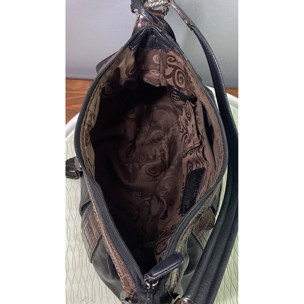 BRIGHTON Leather Women's Croc Purse Black&Brown Bag Tassel Hobo  9x13x2.5"‎ - Picture 10 of 16